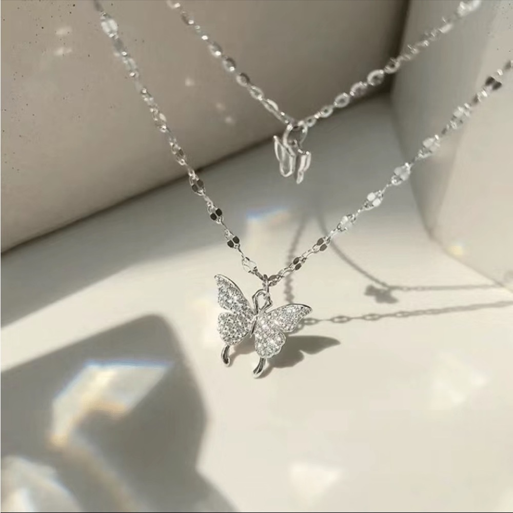 Silver plated Butterfly double Necklace Cubic zirconia crystal - Picture 3 of 3